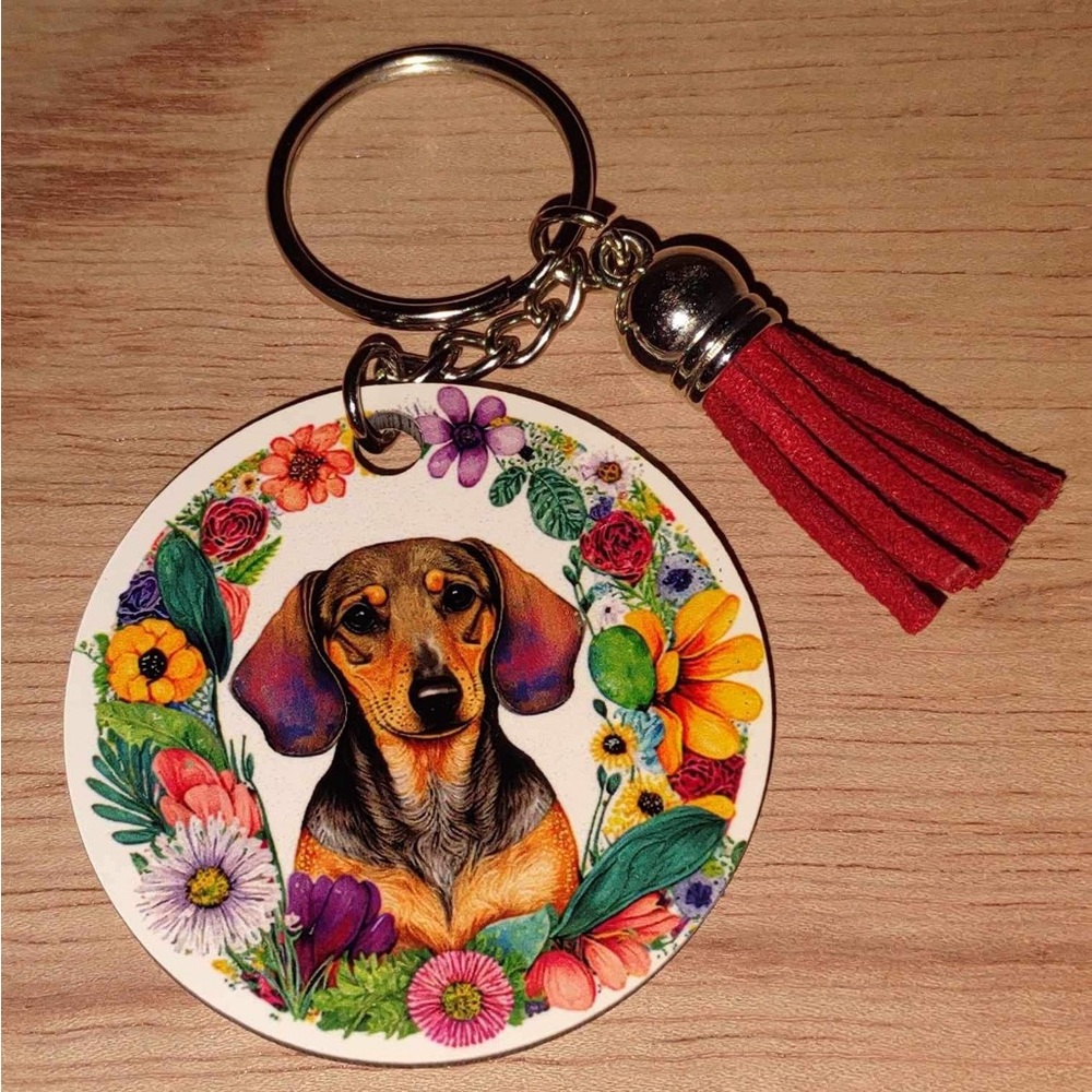 Round floral dachshund doxie wiener dog keychain Keyring